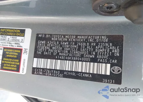 2008 Toyota Camry Le z USA, uszkodzony, nr VIN 4T4BE46KX8R040005